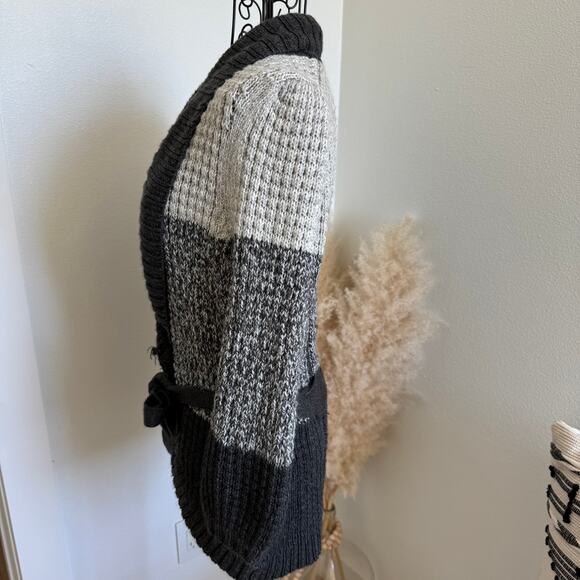 BCBGMAXAZRIA Gray Striped Tie-Waist Shawl Collar Cardigan Sweater- Small - Picture 2 of 8